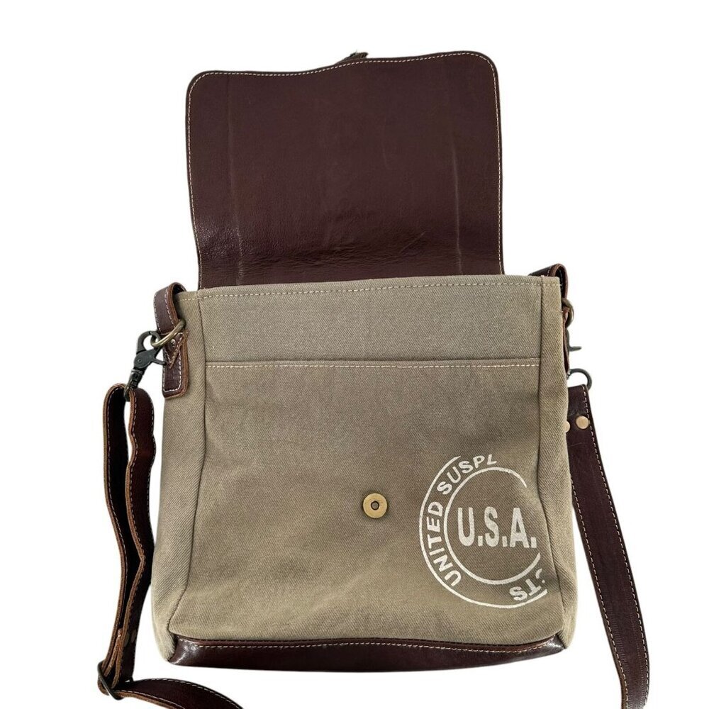 Myra Bag Sage Green Canvas and Brown Leather Messenger Tote Crossbody Bag - Picture 5 of 9